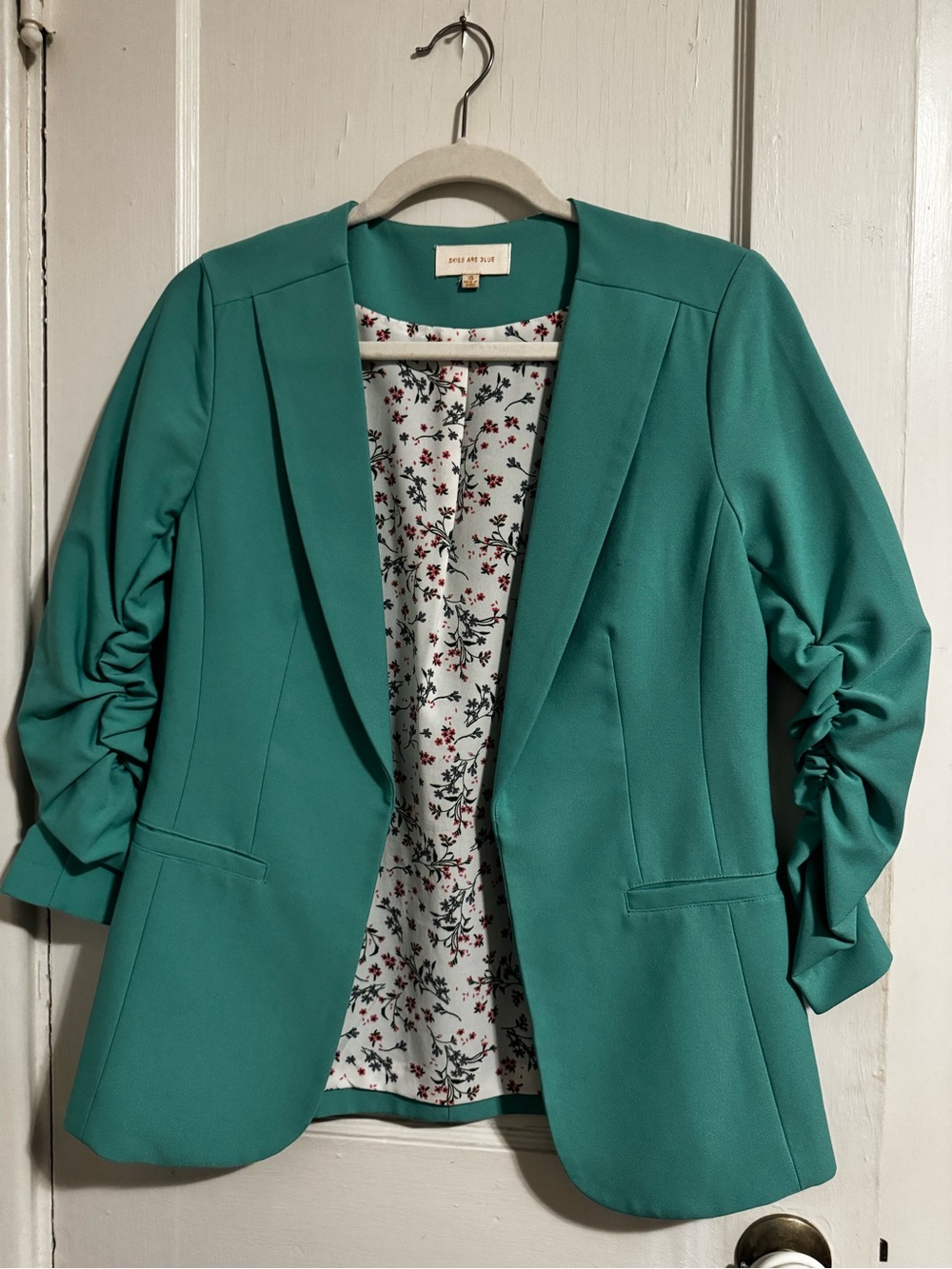 Skies Are Blue Teal Open-Front Ruched-Sleeve Blazer